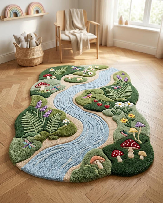 Hand Tufted River Rug | Whimsical Mushroom Area Rug | Botanical Nature Rug | Organic Shaped Wool Rug | Cottagecore Bedroom Decor | kids rug