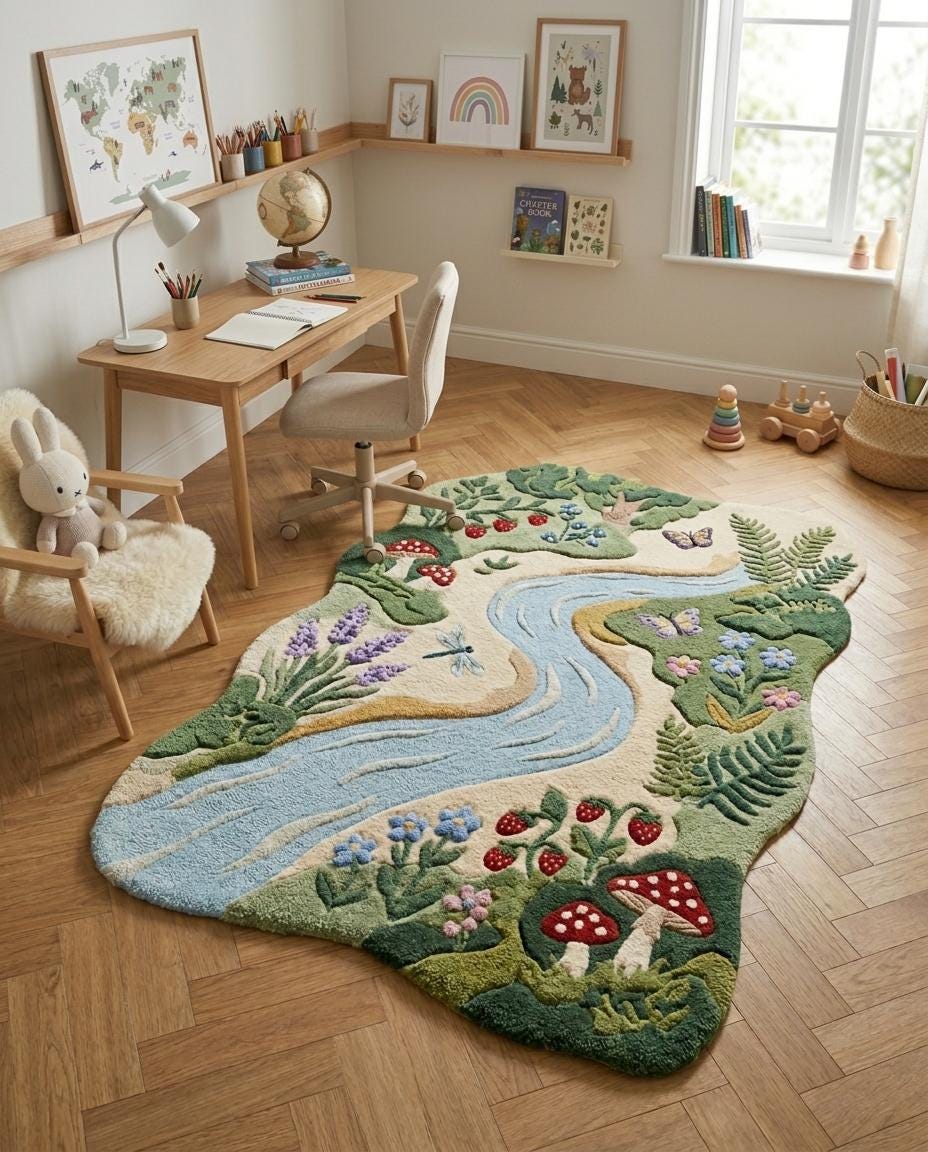 Handmade River Rug | Nature Kids Room Rug |  Tufted Woodland Area Rug | Mushroom Flower Rug | Nursery Playroom Decor Rug | rug for kids