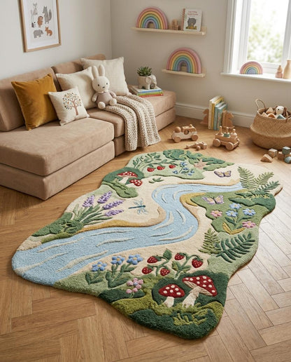 Handmade River Rug | Nature Kids Room Rug |  Tufted Woodland Area Rug | Mushroom Flower Rug | Nursery Playroom Decor Rug | rug for kids