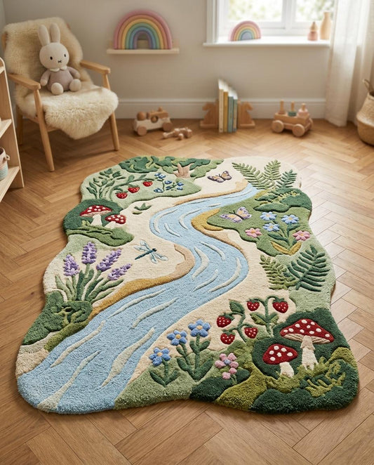 Handmade River Rug | Nature Kids Room Rug |  Tufted Woodland Area Rug | Mushroom Flower Rug | Nursery Playroom Decor Rug | rug for kids