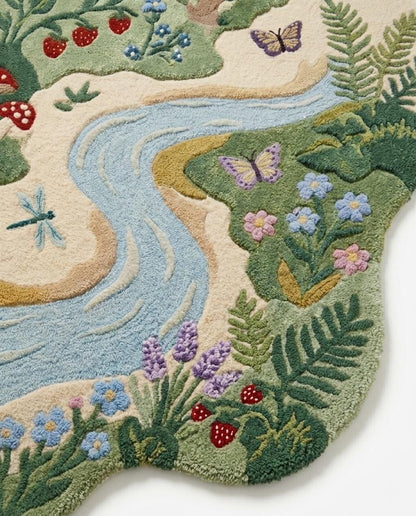 Handmade River Rug | Nature Kids Room Rug |  Tufted Woodland Area Rug | Mushroom Flower Rug | Nursery Playroom Decor Rug | rug for kids