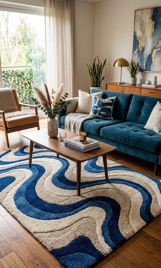 Blue Cream Wavy Wool Rug | Abstract Mid Century Modern Large Area Rug
