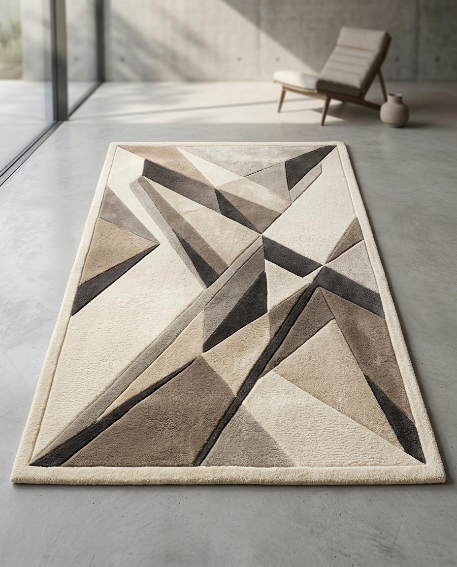 Luxury 3D Geometric Wool Rug | Hand Tufted Sculpted Japandi Carpet | Mid Century Modern Abstract Area Rug | Neutral High Low Pile Decor