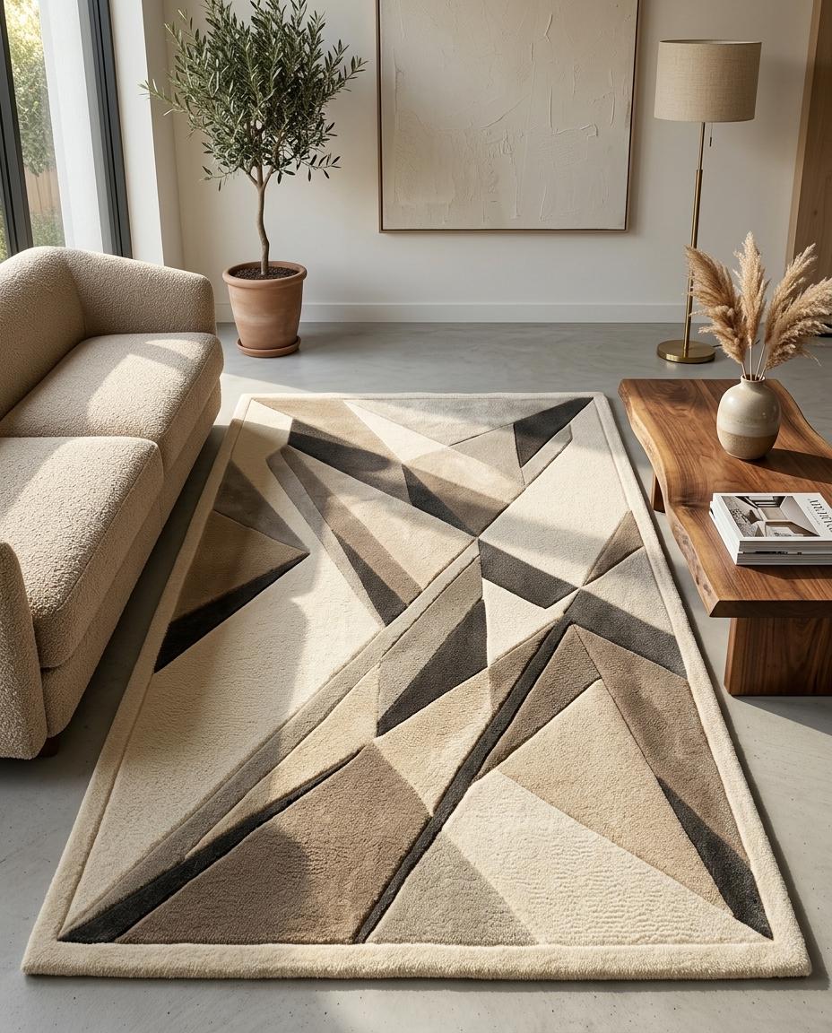Luxury 3D Geometric Wool Rug | Hand Tufted Sculpted Japandi Carpet | Mid Century Modern Abstract Area Rug | Neutral High Low Pile Decor