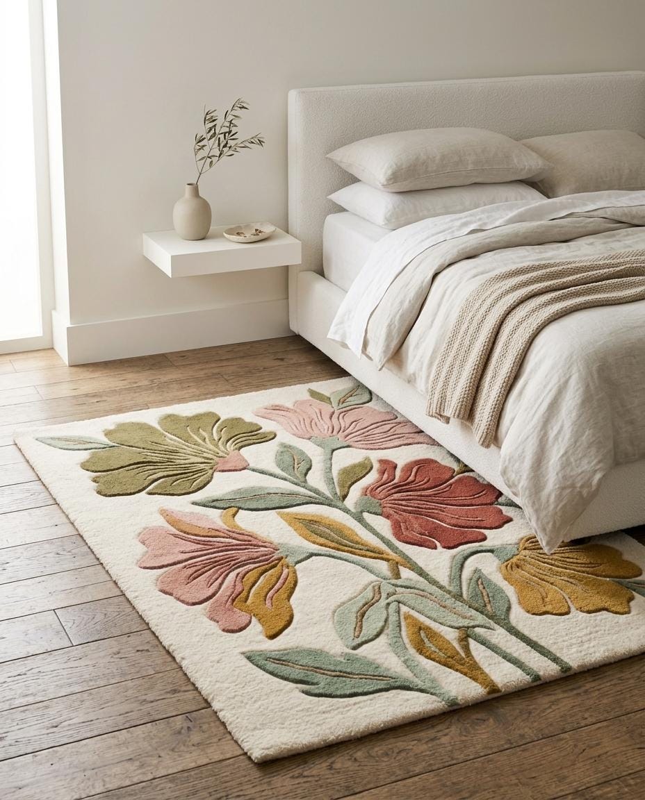 Floral Tufted Area Rug | Modern Boho Botanical Carpet | Retro 70s Aesthetic Room Decor | Cute Bedroom Rug | Colorful Floral Living Room Mat