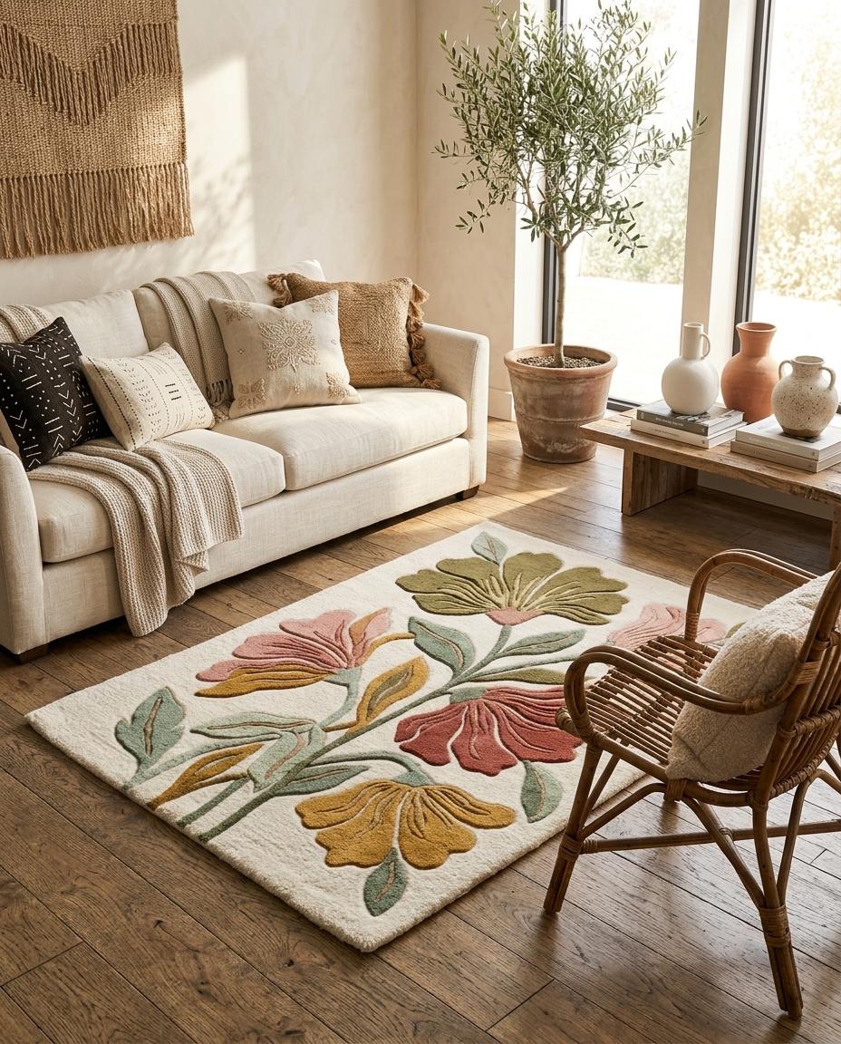 Floral Tufted Area Rug | Modern Boho Botanical Carpet | Retro 70s Aesthetic Room Decor | Cute Bedroom Rug | Colorful Floral Living Room Mat