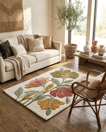 Floral Tufted Area Rug | Modern Boho Botanical Carpet | Retro 70s Aesthetic Room Decor | Cute Bedroom Rug | Colorful Floral Living Room Mat
