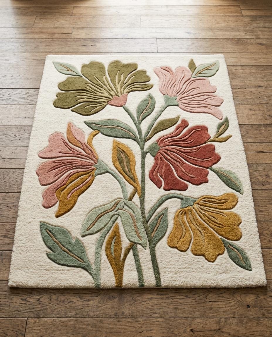 Floral Tufted Area Rug | Modern Boho Botanical Carpet | Retro 70s Aesthetic Room Decor | Cute Bedroom Rug | Colorful Floral Living Room Mat