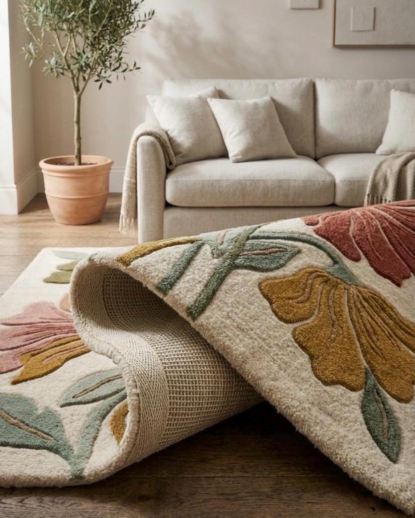 Floral Tufted Area Rug | Modern Boho Botanical Carpet | Retro 70s Aesthetic Room Decor | Cute Bedroom Rug | Colorful Floral Living Room Mat