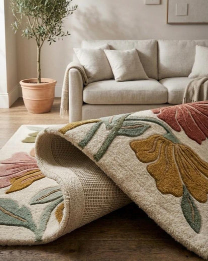 Floral Tufted Area Rug | Modern Boho Botanical Carpet | Retro 70s Aesthetic Room Decor | Cute Bedroom Rug | Colorful Floral Living Room Mat