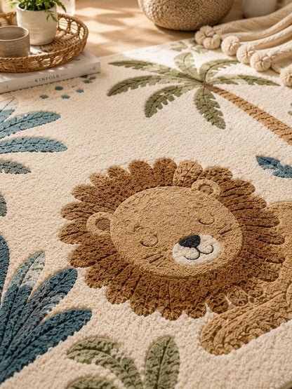 Hand Tufted New Zealand Wool Lion Kids Rug | Safari Nursery Rug | Jungle Play Mat | Neutral Boho Nursery Decor | Luxury Handmade Animal rug
