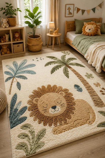 Hand Tufted New Zealand Wool Lion Kids Rug | Safari Nursery Rug | Jungle Play Mat | Neutral Boho Nursery Decor | Luxury Handmade Animal rug