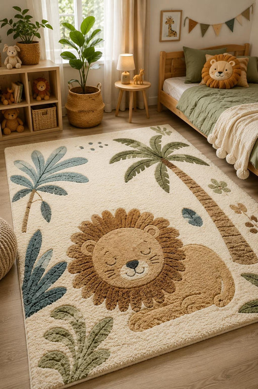 Hand Tufted New Zealand Wool Lion Kids Rug | Safari Nursery Rug | Jungle Play Mat | Neutral Boho Nursery Decor | Luxury Handmade Animal rug