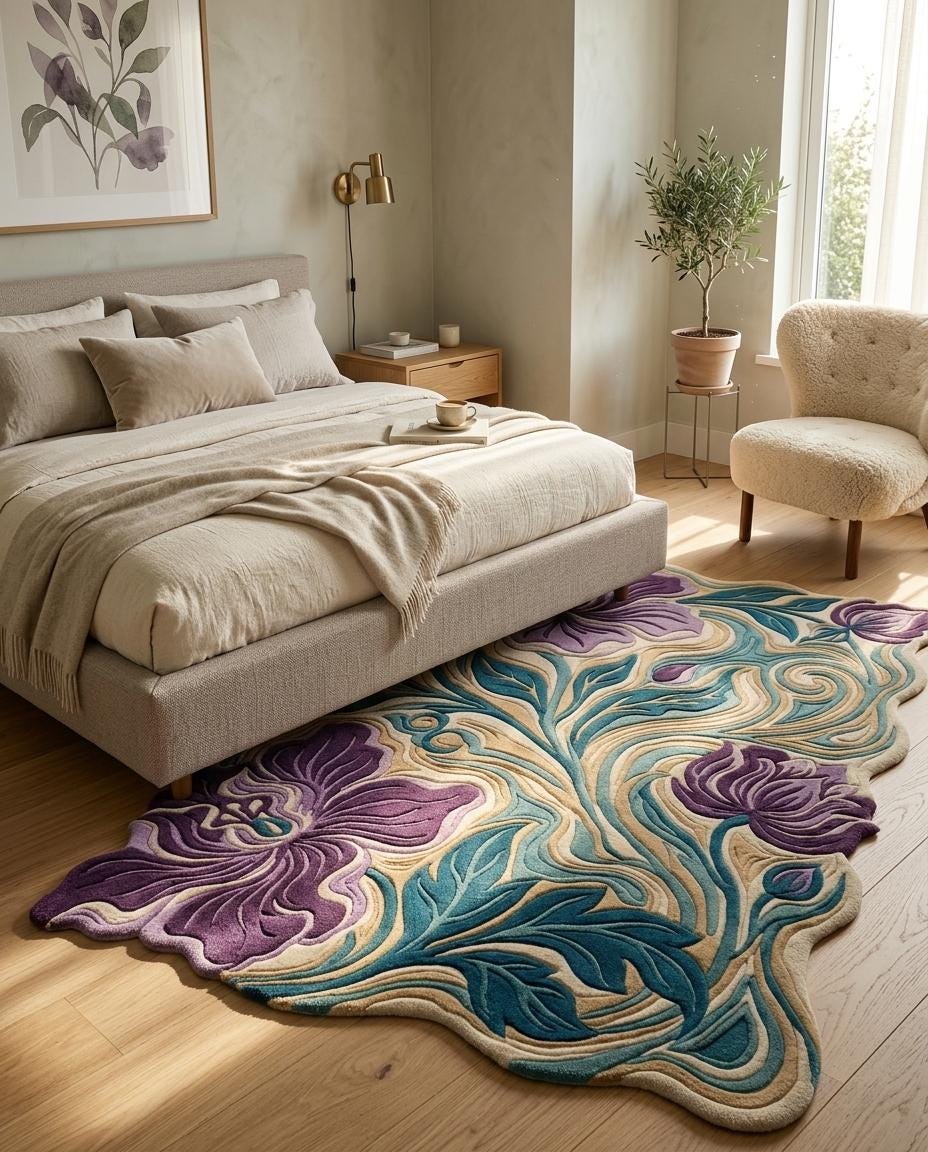 Luxury Hand Tufted Floral Rug | Purple Iris Botanical Area Rug | Modern Organic Shape Wool Rug | Sculpted Contemporary Living room carpet