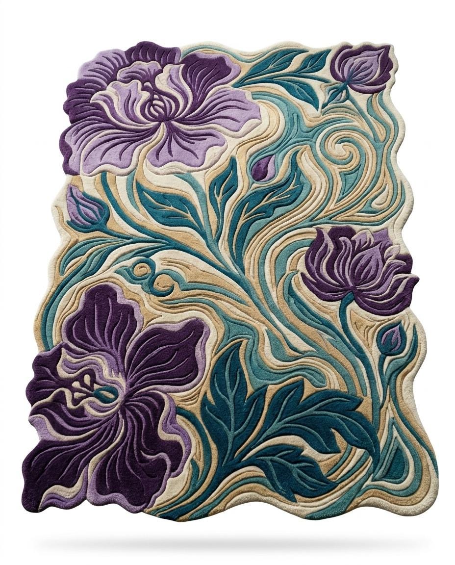 Luxury Hand Tufted Floral Rug | Purple Iris Botanical Area Rug | Modern Organic Shape Wool Rug | Sculpted Contemporary Living room carpet
