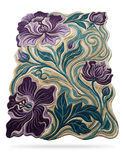 Luxury Hand Tufted Floral Rug | Purple Iris Botanical Area Rug | Modern Organic Shape Wool Rug | Sculpted Contemporary Living room carpet
