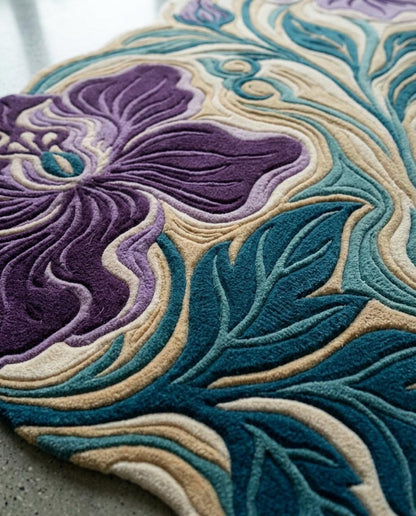 Luxury Hand Tufted Floral Rug | Purple Iris Botanical Area Rug | Modern Organic Shape Wool Rug | Sculpted Contemporary Living room carpet