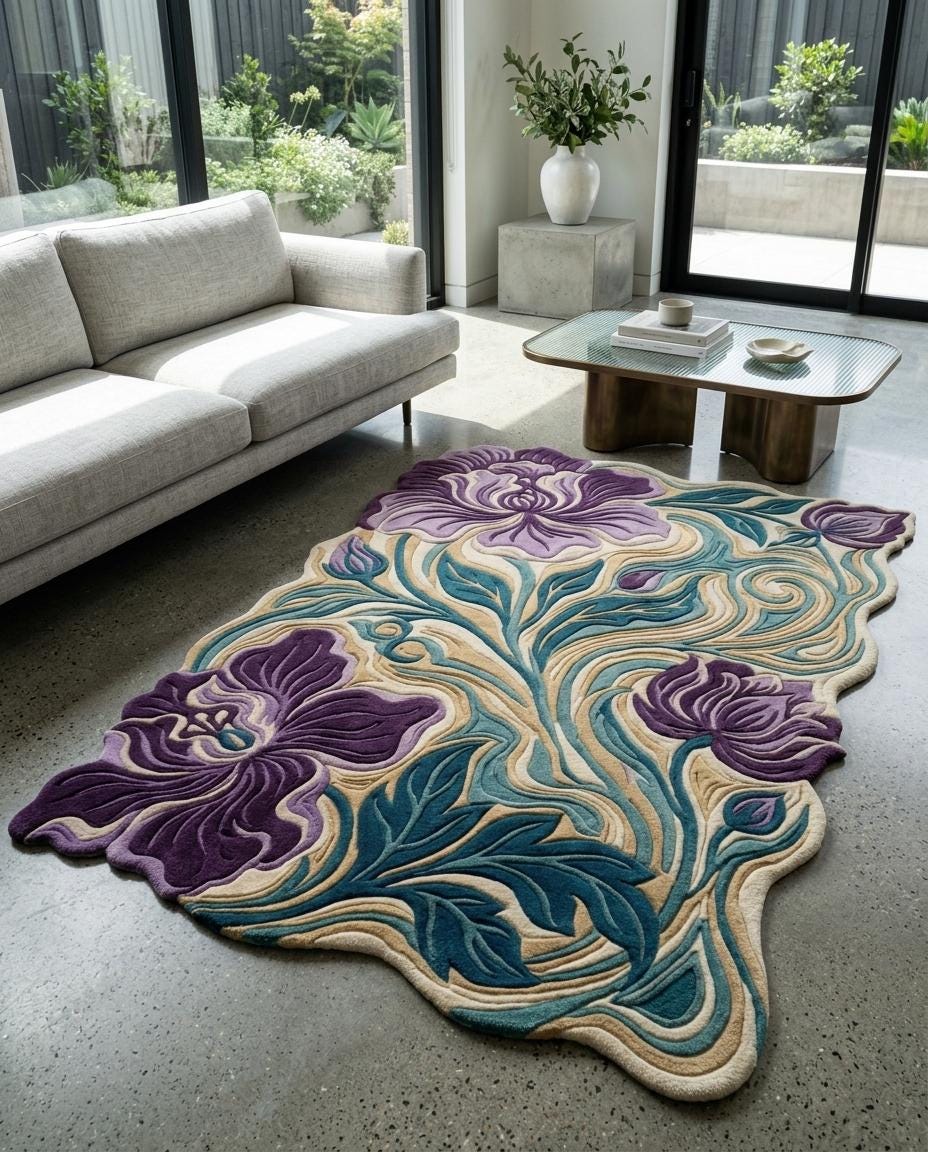 Luxury Hand Tufted Floral Rug | Purple Iris Botanical Area Rug | Modern Organic Shape Wool Rug | Sculpted Contemporary Living room carpet