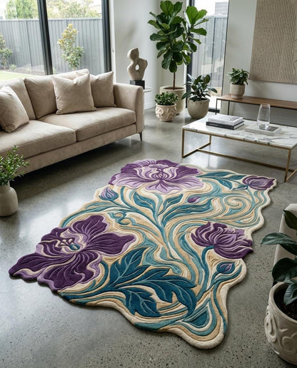 Luxury Hand Tufted Floral Rug | Purple Iris Botanical Area Rug | Modern Organic Shape Wool Rug | Sculpted Contemporary Living room carpet
