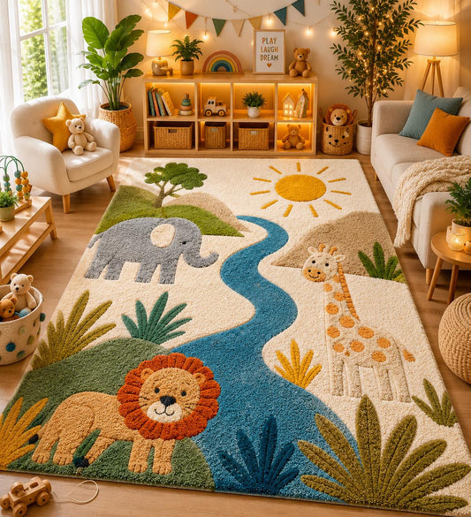 Hand Tufted Safari Nursery Rug | Premium New Zealand Wool Jungle Kids Room Carpet | 3D Textured Lion Playroom Mat | Custom Colours & Sizes