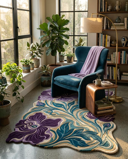 Luxury Hand Tufted Floral Rug | Purple Iris Botanical Area Rug | Modern Organic Shape Wool Rug | Sculpted Contemporary Living room carpet