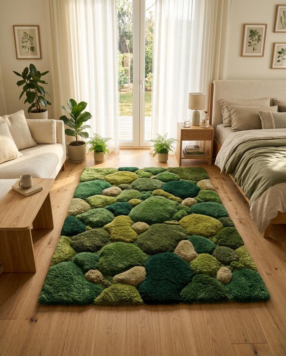Hand tufted Moss Rug, Forest Floor Rug,  Nature Inspired Green Area Rug, Biophilic Home Decor, Goblincore Bedroom Accent