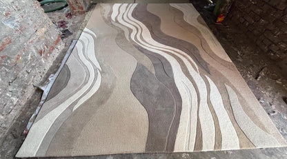 Luxury Hand Tufted Wool Rug | 3D High Low Sculpted Abstract Rug | Neutral Beige Ivory Modern Area Rug | Organic Wave Texture Carpet |
