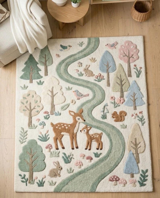 Woodland Animal Nursery Rug | Deer Forest Kids Rug | Tufted Nursery Carpet | Pastel Woodland Decor | Baby Room Area Rug | Handmade Kids Rug
