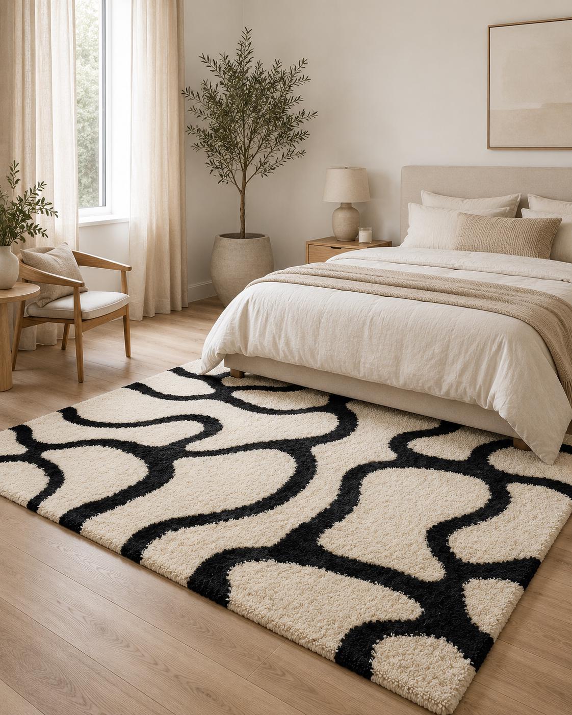 Lxuury Hand Tufted Black and White Abstract Rug | Organic Modern Wool Area Rug | Custom Size Tufted Rug for Living Room