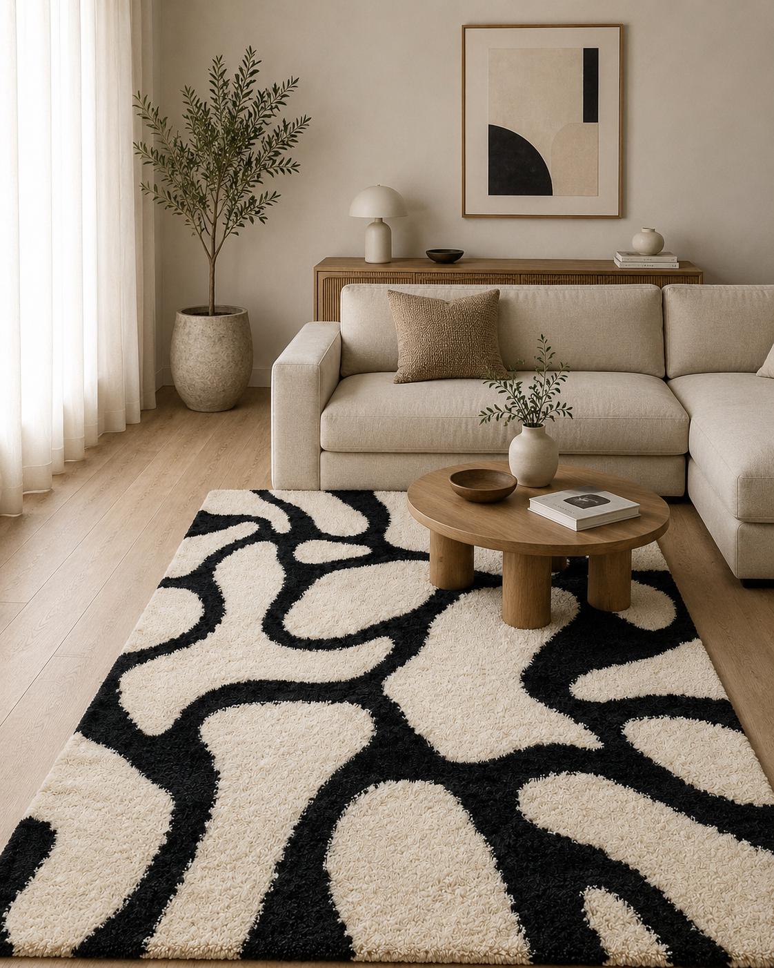 Lxuury Hand Tufted Black and White Abstract Rug | Organic Modern Wool Area Rug | Custom Size Tufted Rug for Living Room