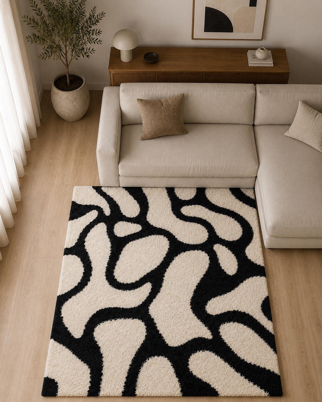 Lxuury Hand Tufted Black and White Abstract Rug | Organic Modern Wool Area Rug | Custom Size Tufted Rug for Living Room