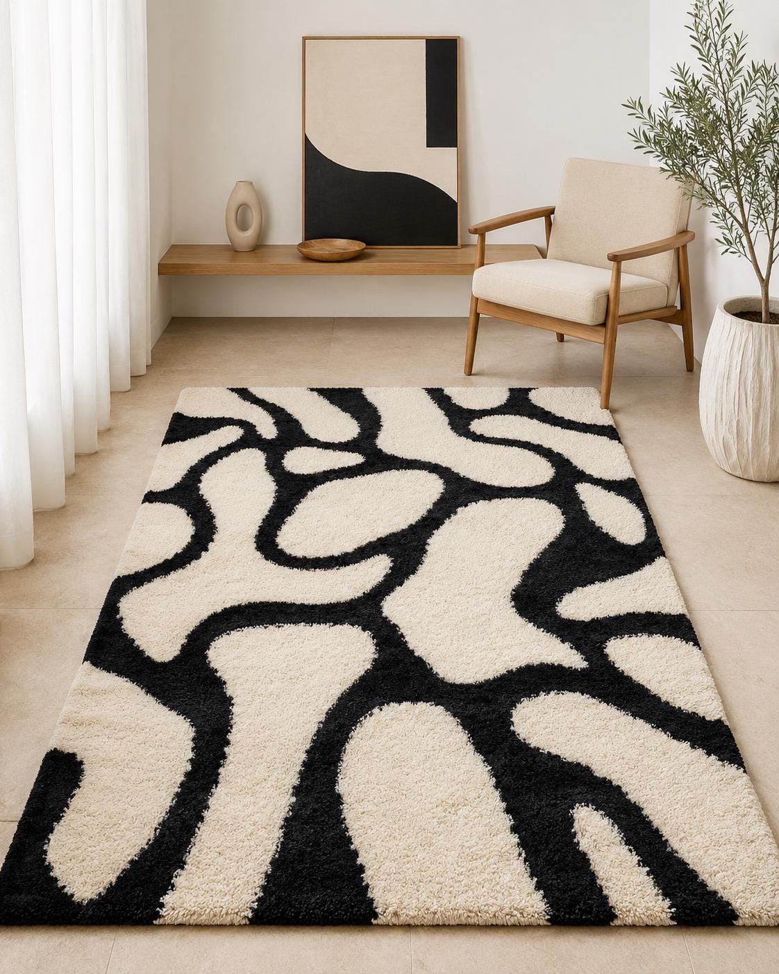 Lxuury Hand Tufted Black and White Abstract Rug | Organic Modern Wool Area Rug | Custom Size Tufted Rug for Living Room