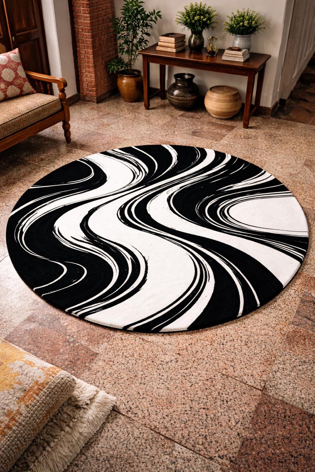 Black White Abstract Rug | Hand Tufted Wool Rug | Modern Luxury Area Rug | Contemporary Round Carpet | Living Room Bedroom Decor