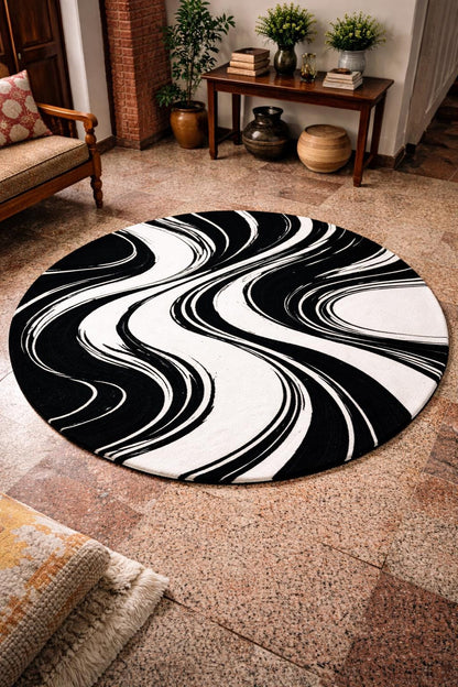 Black White Abstract Rug | Hand Tufted Wool Rug | Modern Luxury Area Rug | Contemporary Round Carpet | Living Room Bedroom Decor