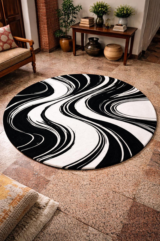 Black White Abstract Rug | Hand Tufted Wool Rug | Modern Luxury Area Rug | Contemporary Round Carpet | Living Room Bedroom Decor