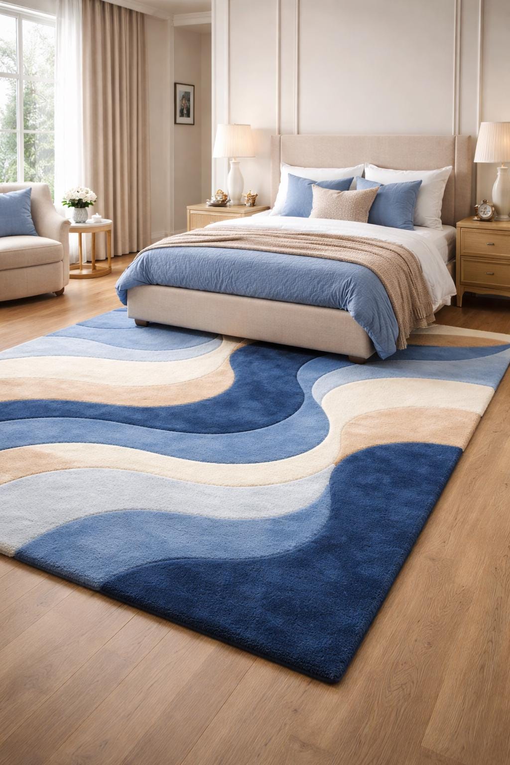 Luxury Abstract Rug | Hand Tufted Wool Rug | Modern Wave Design Carpet | Luxury Living Room Rug | Beige Blue Area Rug | Custom Size Rug