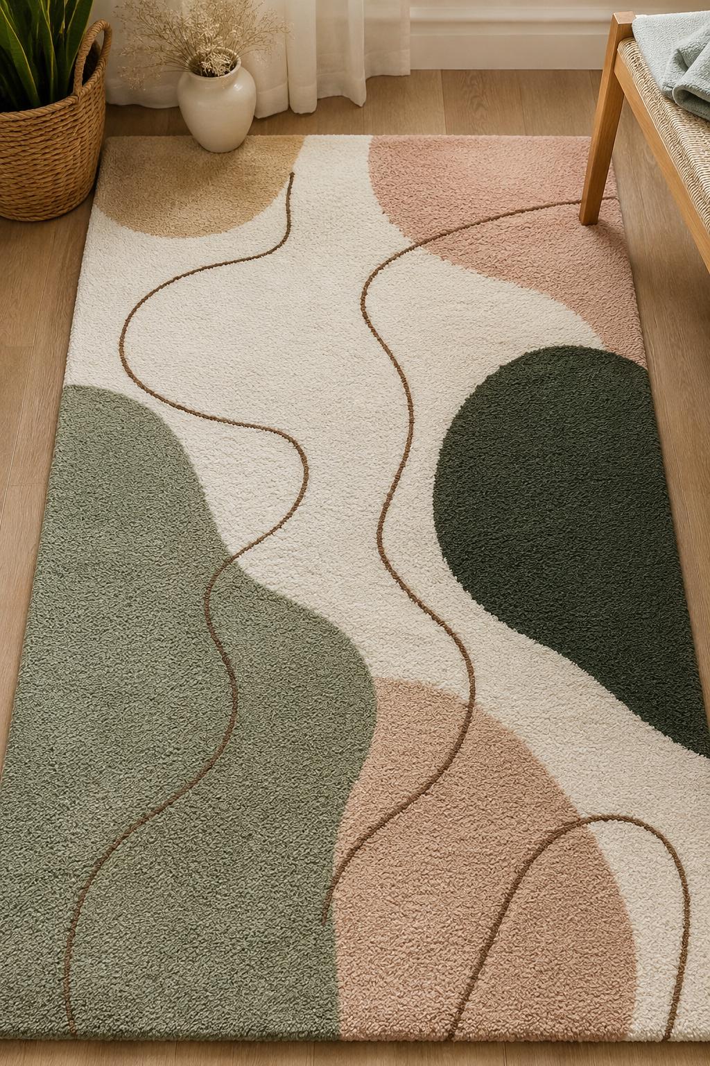 Abstract Neutral Tufted Wool Rug | Modern Japandi Boho Area Rug, Large Earthy Sage Green & Blush Moss Rug for Living Room, Bedroom Aesthetic