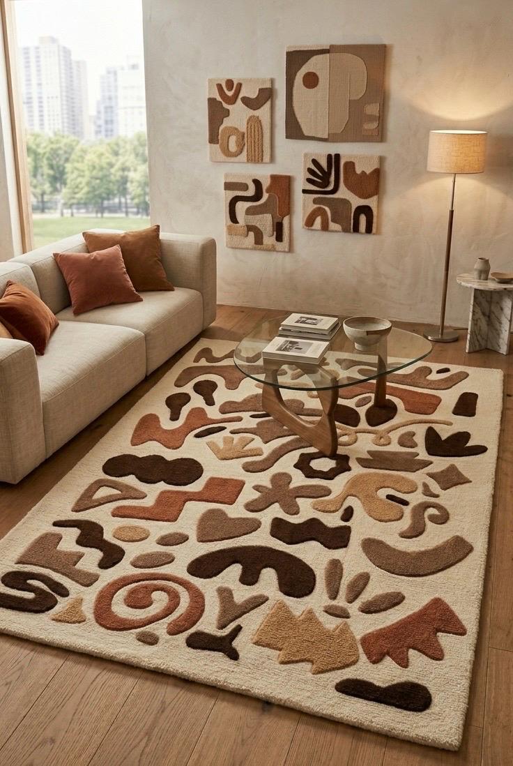 Abstract Tufted Wool Rug | Modern Handmade Area Rug | Neutral Beige Brown Rug | Luxury Bedroom Rug | Artistic Scandinavian Carpet | 9x12