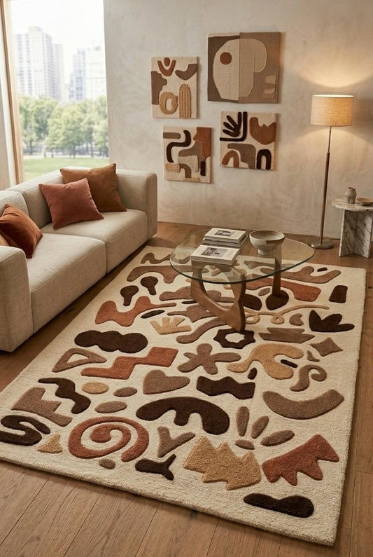 Abstract Tufted Wool Rug | Modern Handmade Area Rug | Neutral Beige Brown Rug | Luxury Bedroom Rug | Artistic Scandinavian Carpet | 9x12