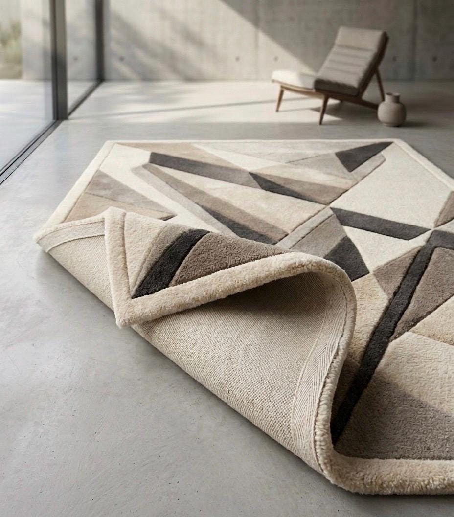 Luxury 3D Geometric Wool Rug | Hand Tufted Sculpted Japandi Carpet | Mid Century Modern Abstract Area Rug | Neutral High Low Pile Decor