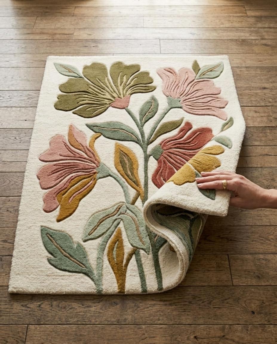Floral Tufted Area Rug | Modern Boho Botanical Carpet | Retro 70s Aesthetic Room Decor | Cute Bedroom Rug | Colorful Floral Living Room Mat