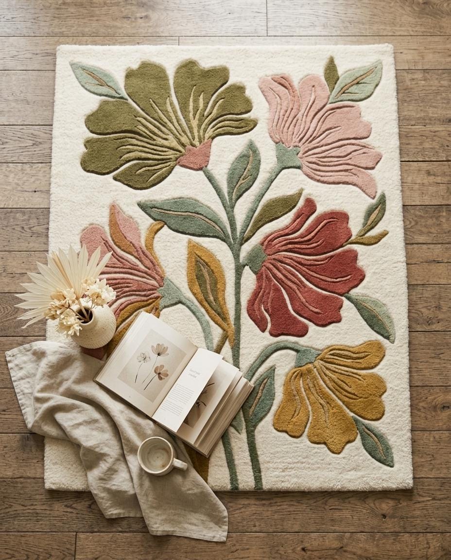 Floral Tufted Area Rug | Modern Boho Botanical Carpet | Retro 70s Aesthetic Room Decor | Cute Bedroom Rug | Colorful Floral Living Room Mat