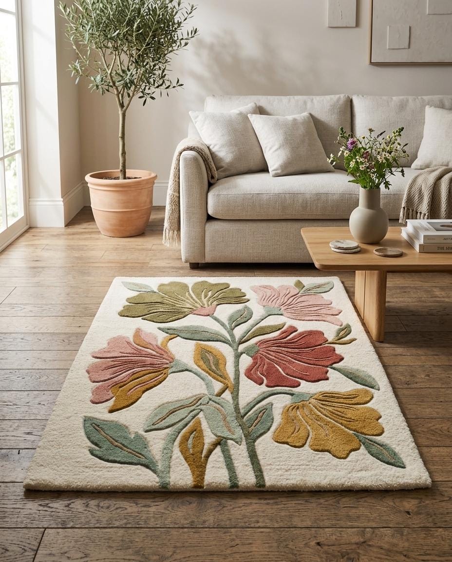 Floral Tufted Area Rug | Modern Boho Botanical Carpet | Retro 70s Aesthetic Room Decor | Cute Bedroom Rug | Colorful Floral Living Room Mat