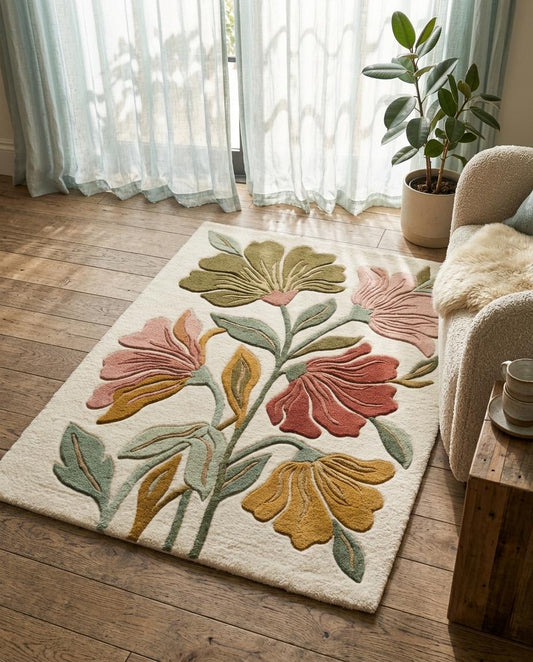 Floral Tufted Area Rug | Modern Boho Botanical Carpet | Retro 70s Aesthetic Room Decor | Cute Bedroom Rug | Colorful Floral Living Room Mat