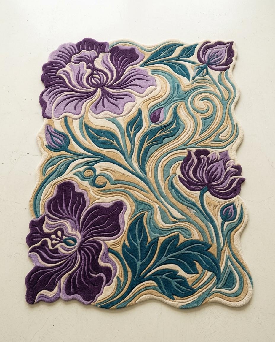 Luxury Hand Tufted Floral Rug | Purple Iris Botanical Area Rug | Modern Organic Shape Wool Rug | Sculpted Contemporary Living room carpet