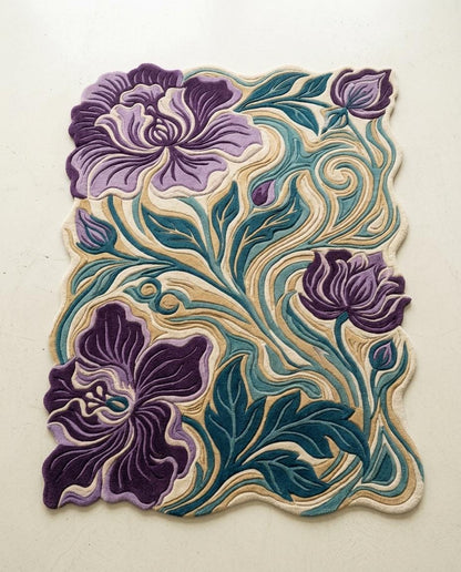 Luxury Hand Tufted Floral Rug | Purple Iris Botanical Area Rug | Modern Organic Shape Wool Rug | Sculpted Contemporary Living room carpet