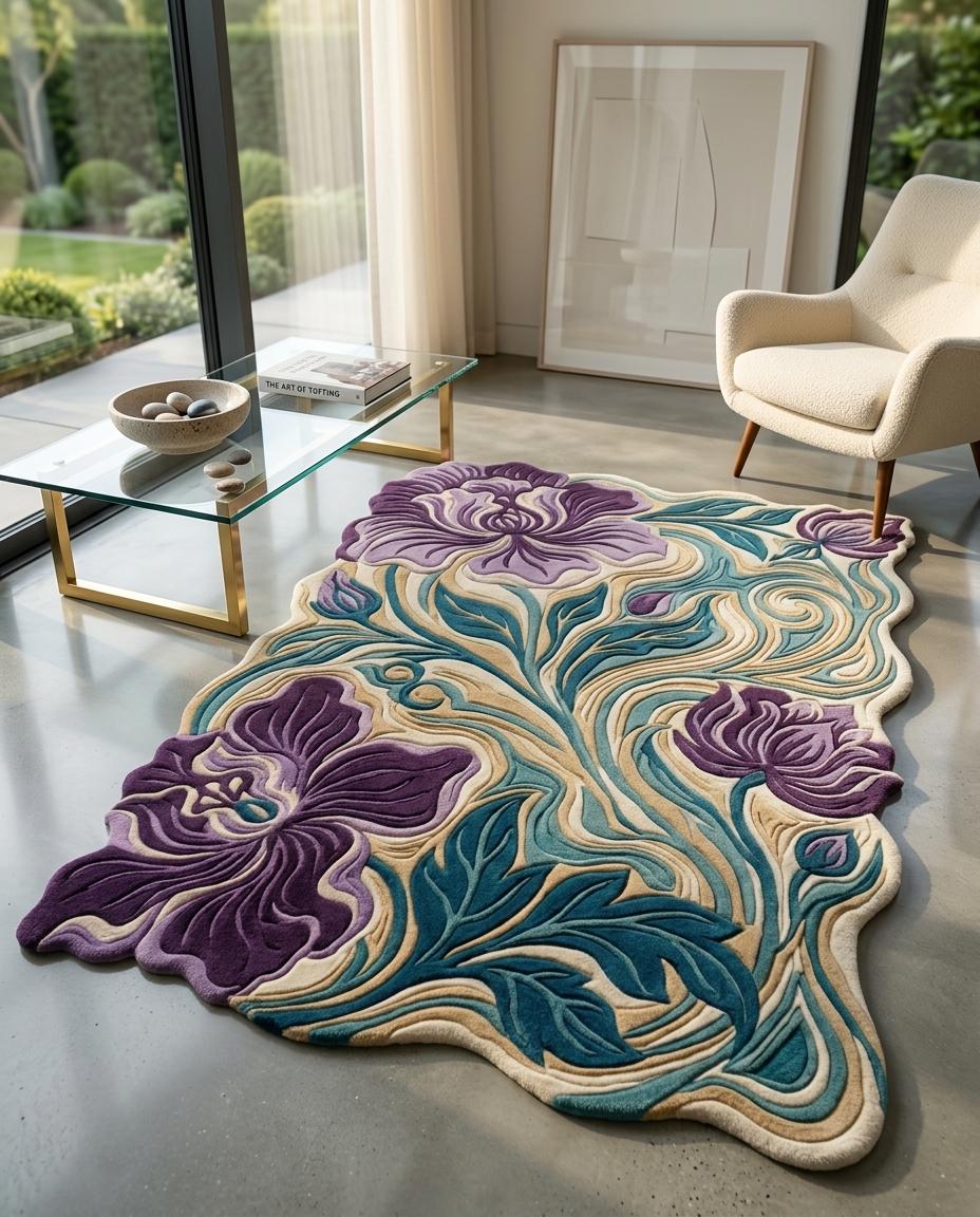 Luxury Hand Tufted Floral Rug | Purple Iris Botanical Area Rug | Modern Organic Shape Wool Rug | Sculpted Contemporary Living room carpet