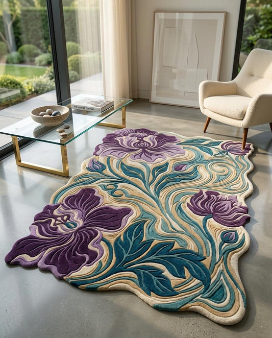 Luxury Hand Tufted Floral Rug | Purple Iris Botanical Area Rug | Modern Organic Shape Wool Rug | Sculpted Contemporary Living room carpet