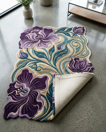 Luxury Hand Tufted Floral Rug | Purple Iris Botanical Area Rug | Modern Organic Shape Wool Rug | Sculpted Contemporary Living room carpet