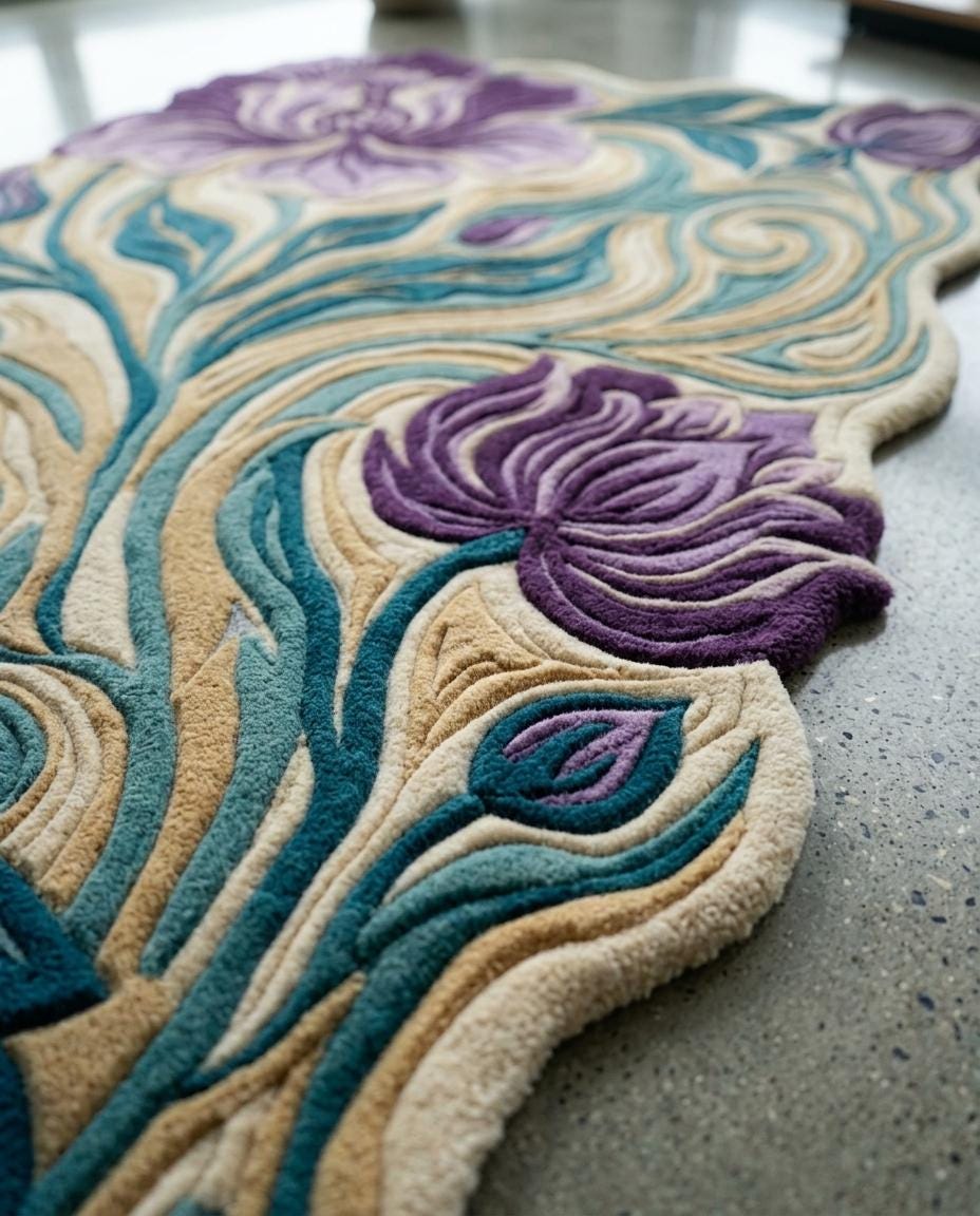 Luxury Hand Tufted Floral Rug | Purple Iris Botanical Area Rug | Modern Organic Shape Wool Rug | Sculpted Contemporary Living room carpet
